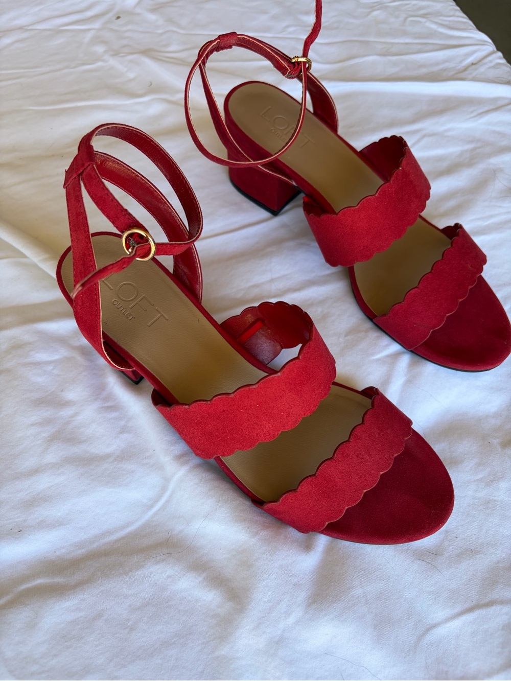LOFT Red Scalloped Ankle Strap Block Heels